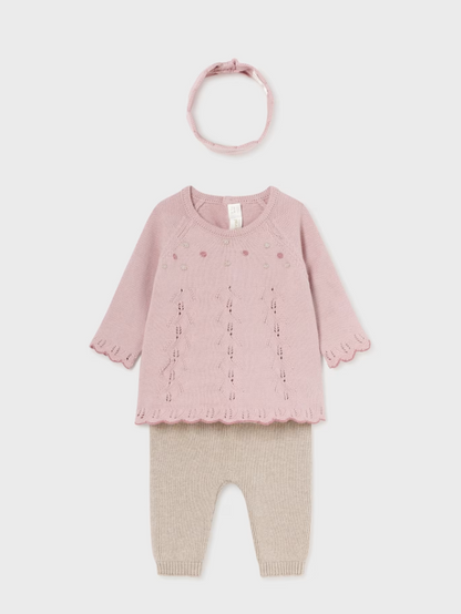 3pc Dusty Rose Scalloped Sweater With Taupe Legging & Headband
