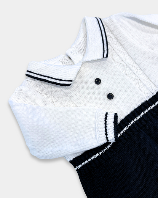 baby boy navy romper, knit polo romper baby, navy and white baby outfit, boutique baby boy clothing, baby boy knit holiday romper, newborn polo romper, baby boy christening outfit navy, classic knit romper for boys, baby shower gift boy outfit, boutique baby romper Expressions Boutique NY, Woodbury baby boutique, baby boy special occasion clothing