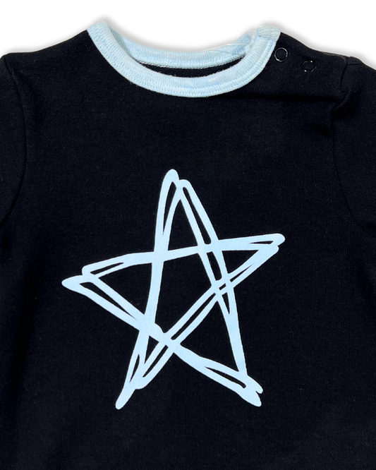 Black w Blue Star Footie, Expressions Boutique, Women and childrens boutique, Woodbury, black baby footie, baby boy star sleeper, boutique baby romper, infant footed one piece, soft cotton baby pajamas, newborn boy sleepsuit, snap closure baby outfit, modern baby boy footie, baby shower boy gift, star print baby romper