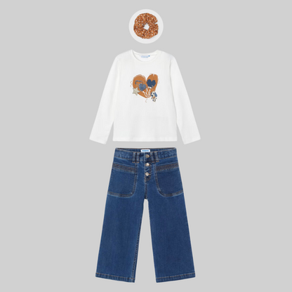 3pc Heart Tee w Scrunchy w Denim Pant *