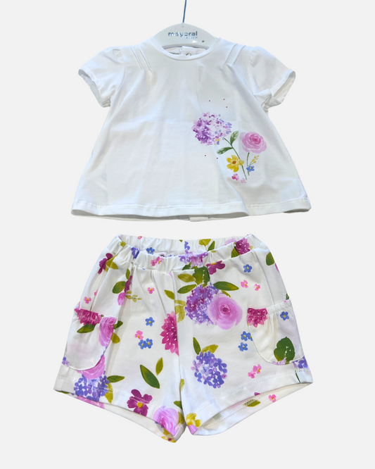 2pc White Top w Lavender Floral Shorts