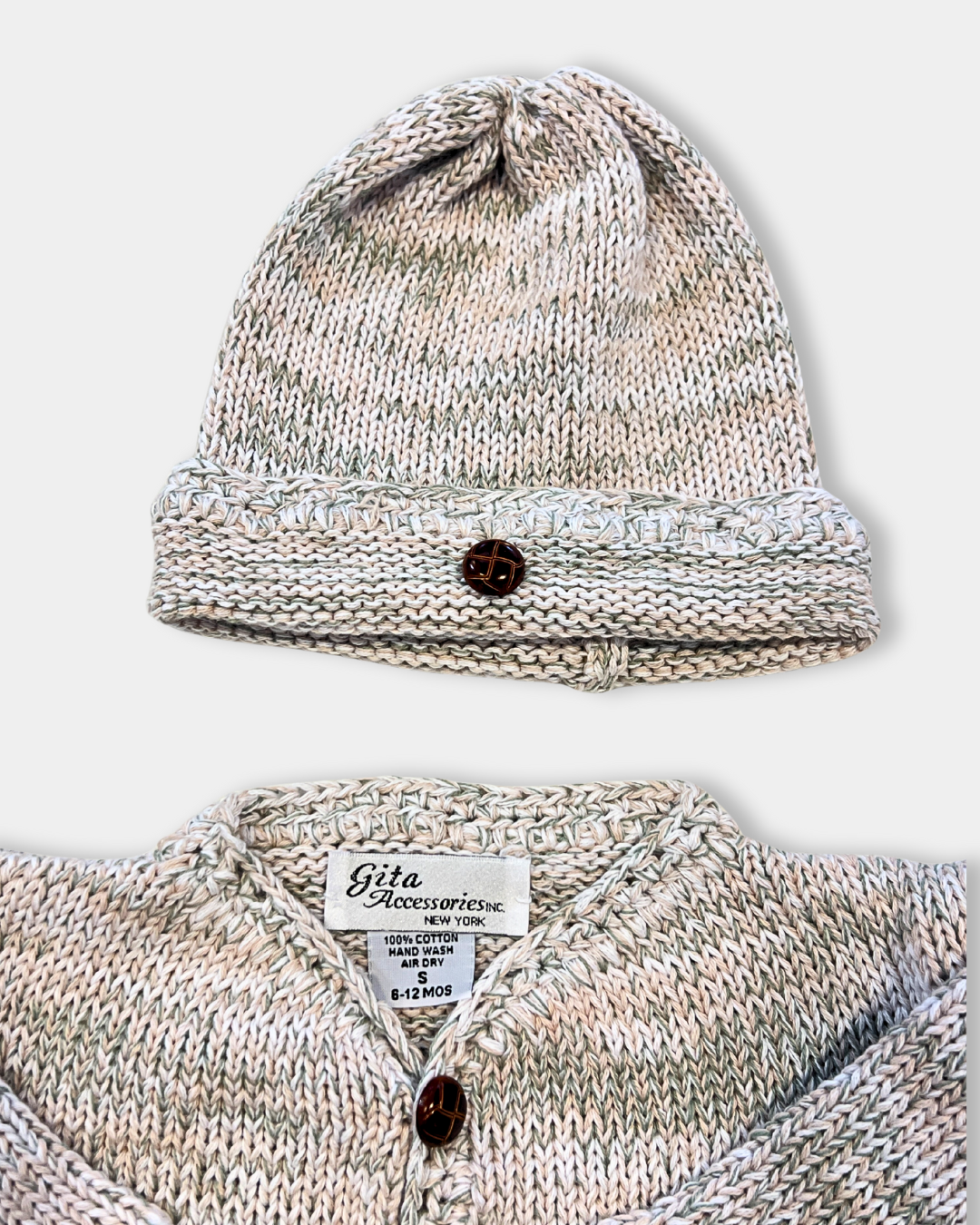tan baby sweater set, green multi color baby sweater, baby knitwear boutique, newborn sweater and hat set, cotton baby knit outfit, faux leather button baby cardigan, heirloom baby shower gift, neutral baby clothes unisex, boutique baby clothes, soft cotton baby sweater set, luxury baby gift set, Expressions Boutique NY baby