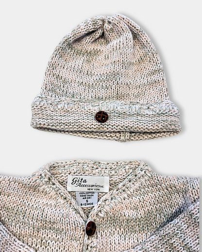 tan baby sweater set, green multi color baby sweater, baby knitwear boutique, newborn sweater and hat set, cotton baby knit outfit, faux leather button baby cardigan, heirloom baby shower gift, neutral baby clothes unisex, boutique baby clothes, soft cotton baby sweater set, luxury baby gift set, Expressions Boutique NY baby