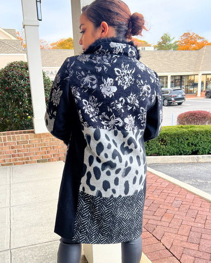 mixed media patchwork coat, women’s boutique jacket Expressions Boutique NY, denim and animal print jacket, statement winter coat, luxury patchwork outerwear