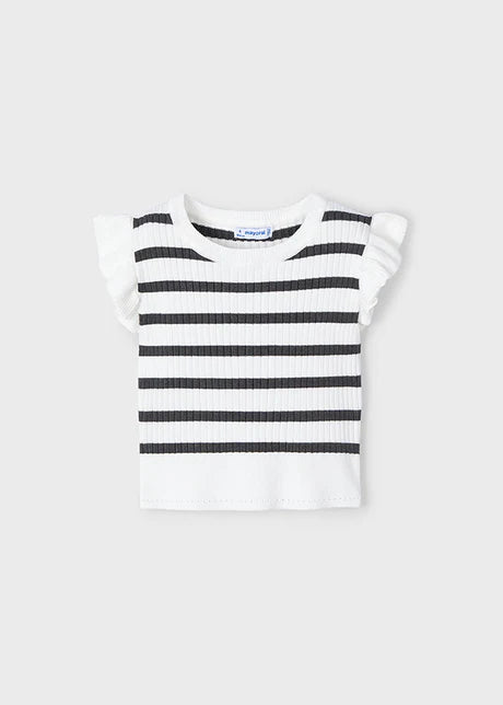 Gray & White Ribbed Top w Flutter Sleeve
