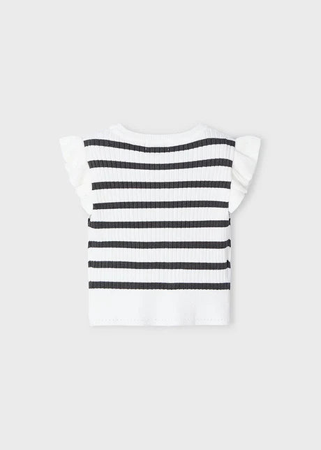 Gray & White Ribbed Top w Flutter Sleeve