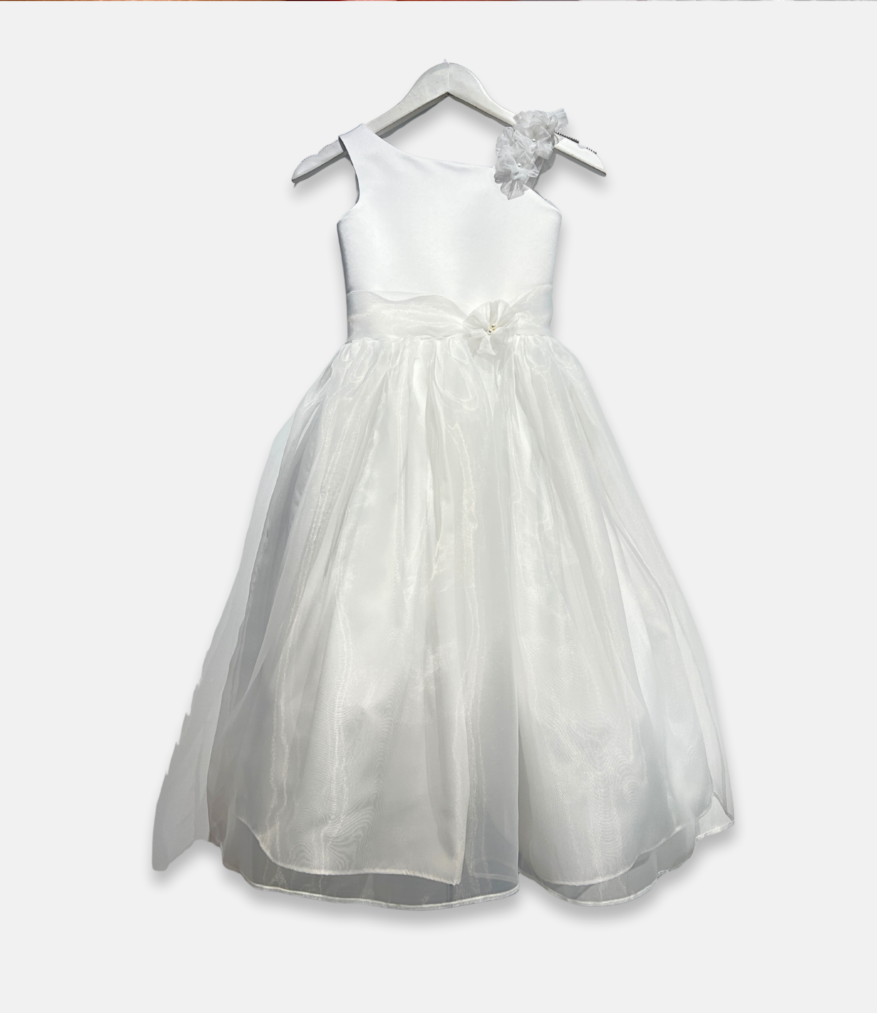 diamond white flower girl dress, one shoulder organza dress, boutique satin organza gown, white formal girls dress, couture communion dress, girls special occasion outfit, elegant white organza dress, Expressions Boutique NY, flower girl fashion, luxury children’s wear
