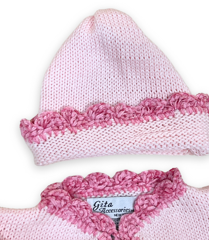 2pc Pink Cotton Sweater w Dk Pink Chenille Trim