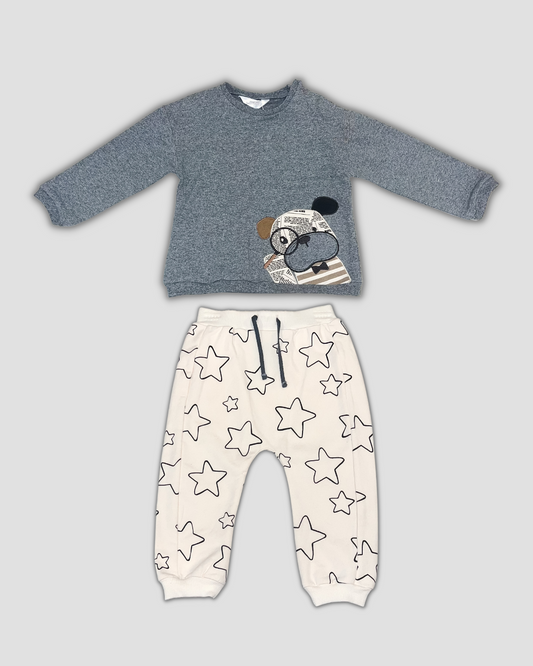 2pc Grey w Puppy Top w Cream Pants