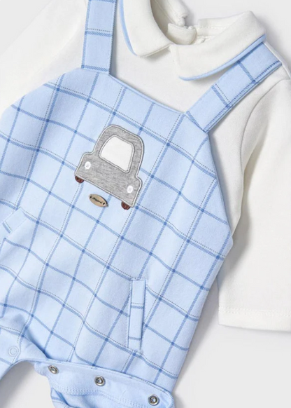 2pc Off White/Blue Romper w Car Design