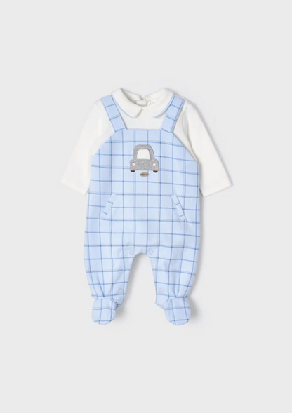 2pc Off White/Blue Romper w Car Design