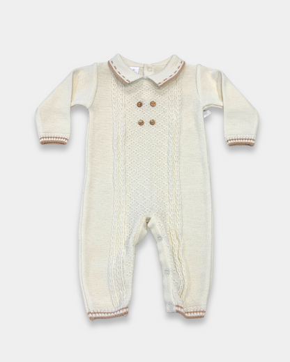 baby boy off white knit romper, cream romper with tan trim, boutique knit baby clothing, baby boy christening romper, newborn heirloom romper, neutral baby knit outfit, baby boy holiday outfit knit, boutique romper boy neutral, classic knit baby clothing, Expressions Boutique NY, Woodbury baby boutique, elegant baby boy romper