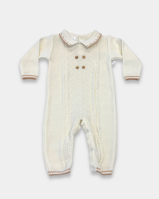 baby boy off white knit romper, cream romper with tan trim, boutique knit baby clothing, baby boy christening romper, newborn heirloom romper, neutral baby knit outfit, baby boy holiday outfit knit, boutique romper boy neutral, classic knit baby clothing, Expressions Boutique NY, Woodbury baby boutique, elegant baby boy romper