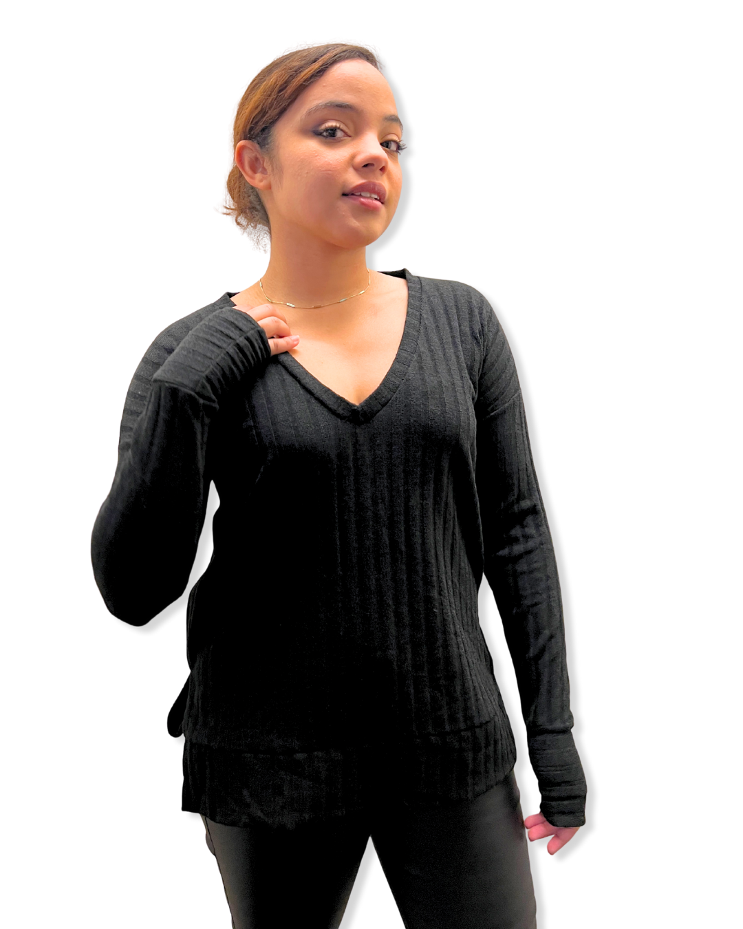 ribbed V-neck top Expressions Boutique NY, women’s long sleeve boutique top, chic rib knit pullover, soft fitted V-neck shirt, versatile winter top