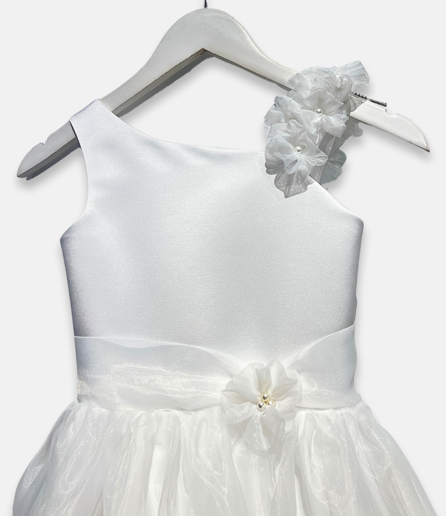 diamond white flower girl dress, one shoulder organza dress, boutique satin organza gown, white formal girls dress, couture communion dress, girls special occasion outfit, elegant white organza dress, Expressions Boutique NY, flower girl fashion, luxury children’s wear