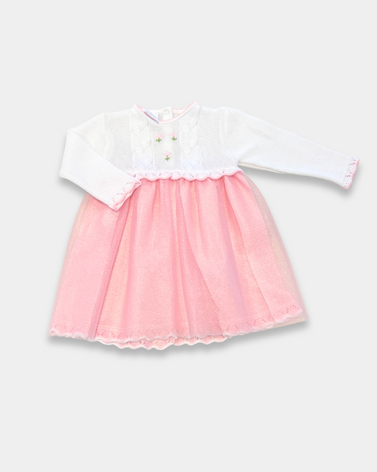 baby girl party dress, knit and tulle baby dress, boutique toddler dress, pink tulle dress baby girl, white knit dress with flowers, boutique baby girl clothing, Expressions Boutique NY, Woodbury baby boutique, special occasion baby dress, baby shower gift dress, toddler holiday dress, baby girl knit and tulle outfit