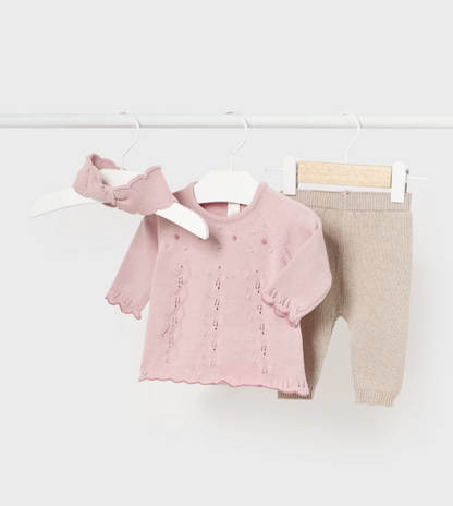 3pc Dusty Rose Scalloped Sweater With Taupe Legging & Headband