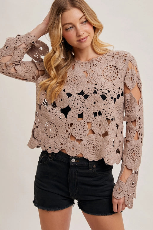 boho crochet bell sleeve top, sheer floral crochet blouse, boutique festival crochet top, mushroom crochet sweater women, open knit bell sleeve top, bohemian chic crochet layering piece, sheer crochet pullover neutral, boutique boho beachwear top, vintage inspired crochet blouse, boutique statement crochet top