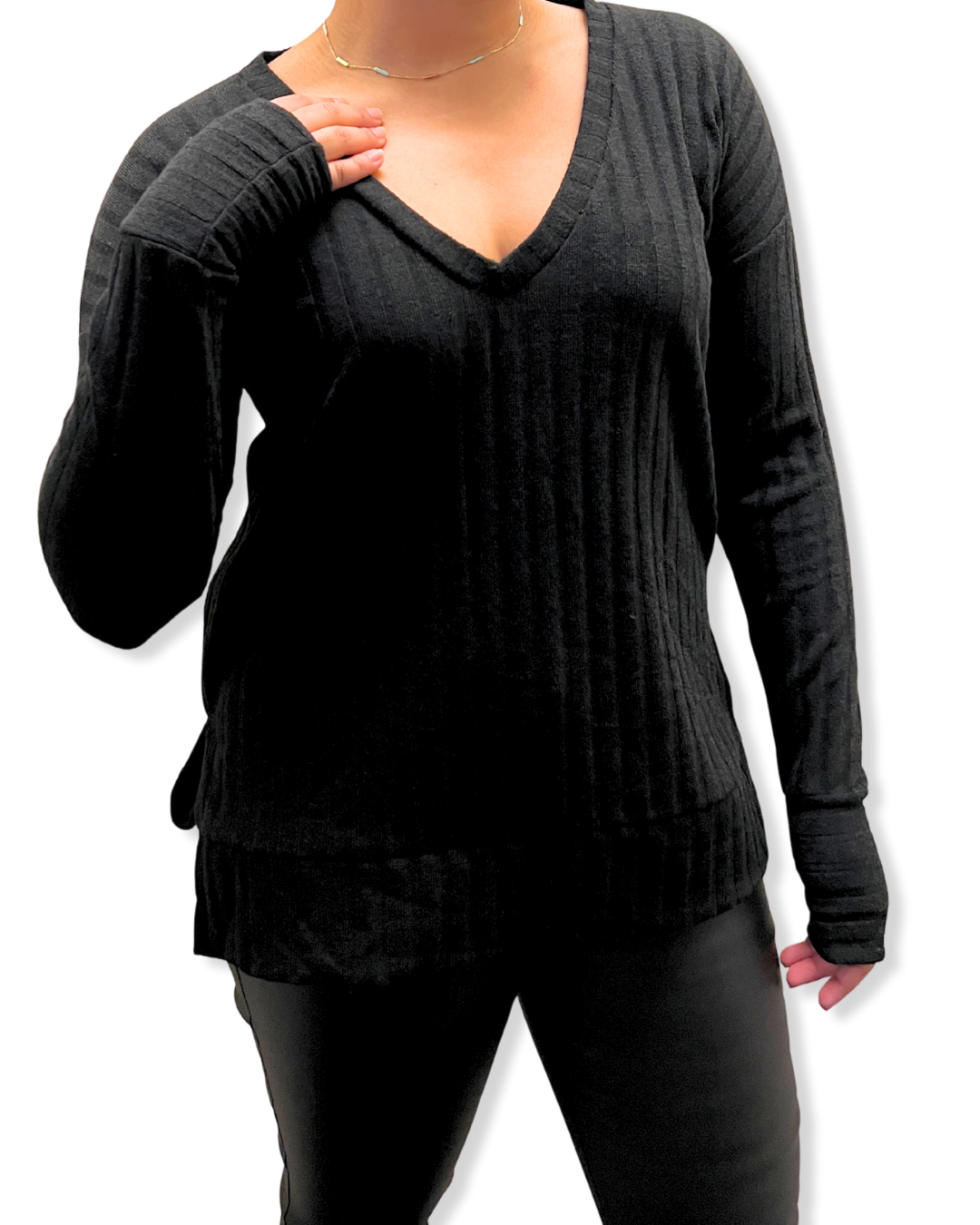ribbed V-neck top Expressions Boutique NY, women’s long sleeve boutique top, chic rib knit pullover, soft fitted V-neck shirt, versatile winter top
