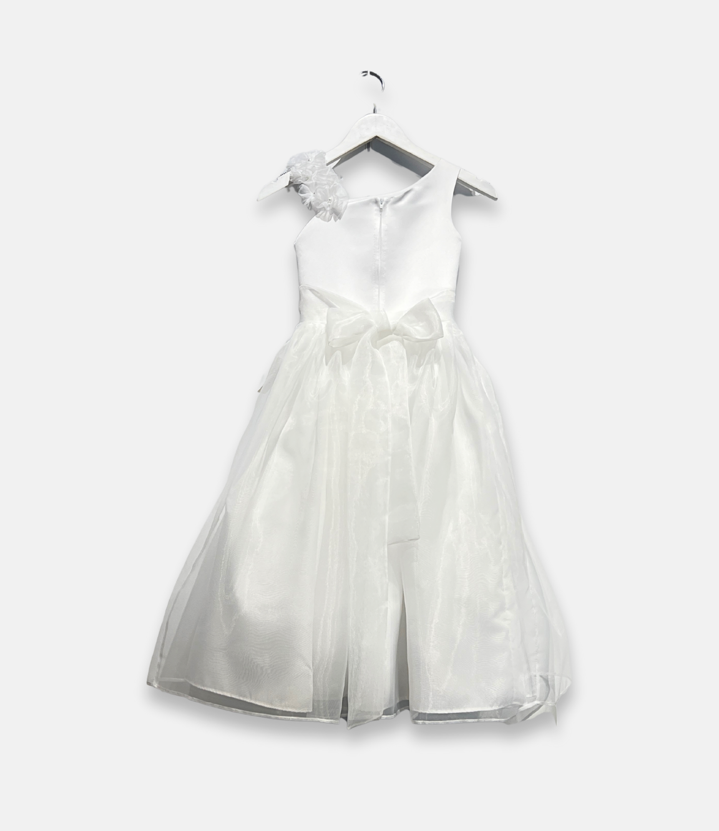 diamond white flower girl dress, one shoulder organza dress, boutique satin organza gown, white formal girls dress, couture communion dress, girls special occasion outfit, elegant white organza dress, Expressions Boutique NY, flower girl fashion, luxury children’s wear