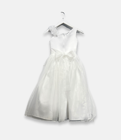 diamond white flower girl dress, one shoulder organza dress, boutique satin organza gown, white formal girls dress, couture communion dress, girls special occasion outfit, elegant white organza dress, Expressions Boutique NY, flower girl fashion, luxury children’s wear