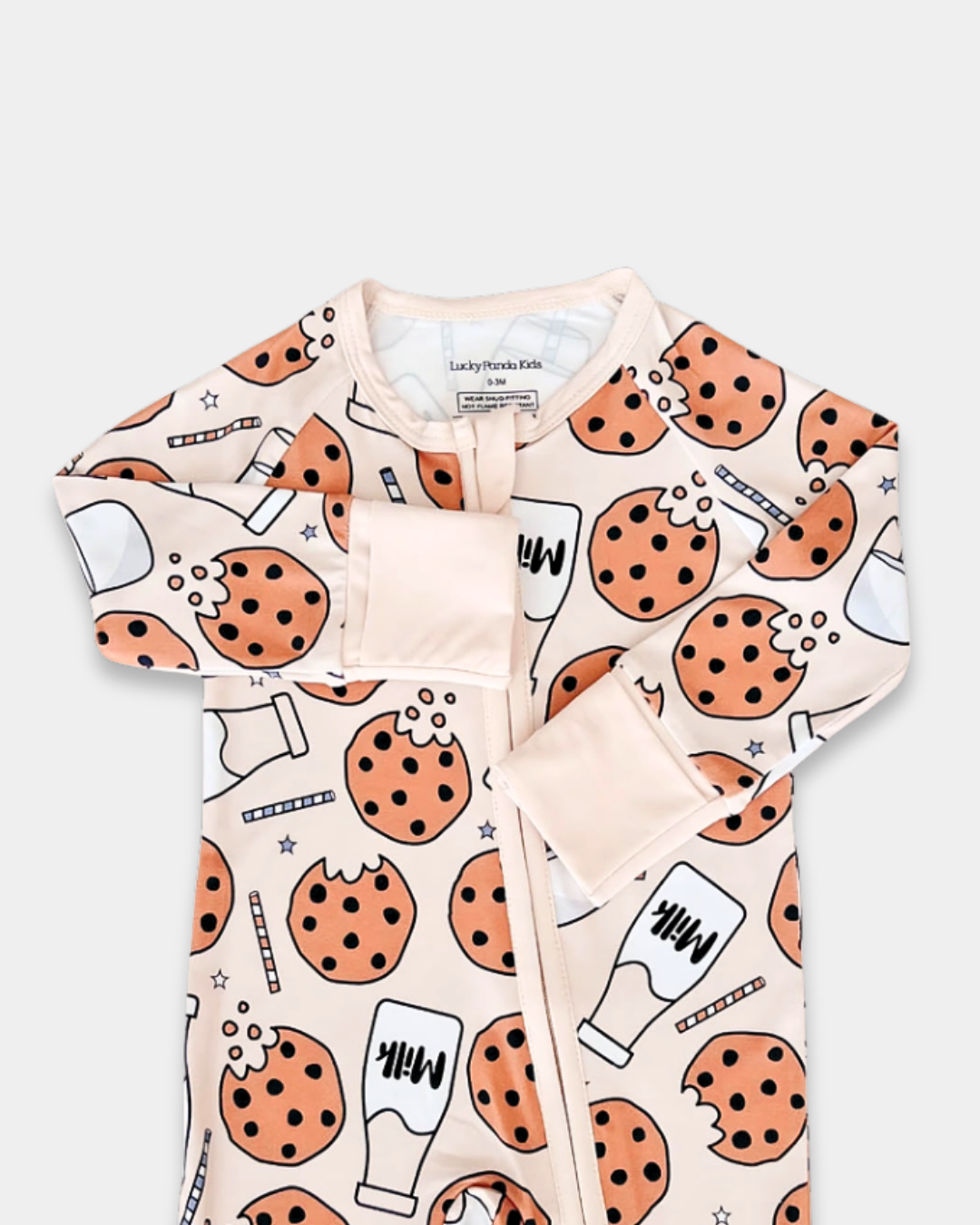 milk and cookies baby romper, bamboo zipper romper, cookie print infant pajamas, boutique baby sleepwear, soft bamboo baby romper, toddler bamboo romper, baby boy bamboo romper, baby girl bamboo romper, cookie themed baby outfit, neutral baby bamboo pajamas, newborn bamboo sleepwear, cozy infant bamboo clothing