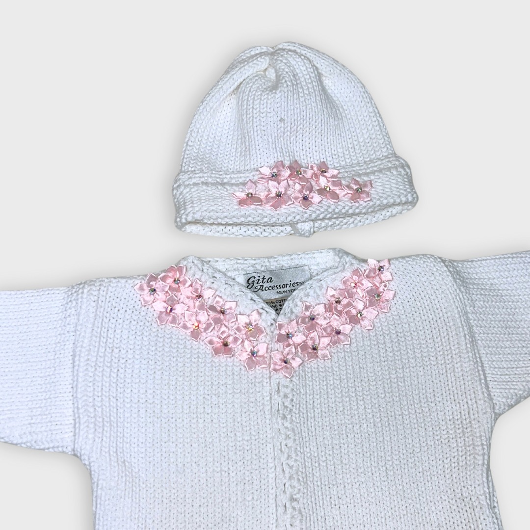 White cotton cardigan & hat with pink satin flowers