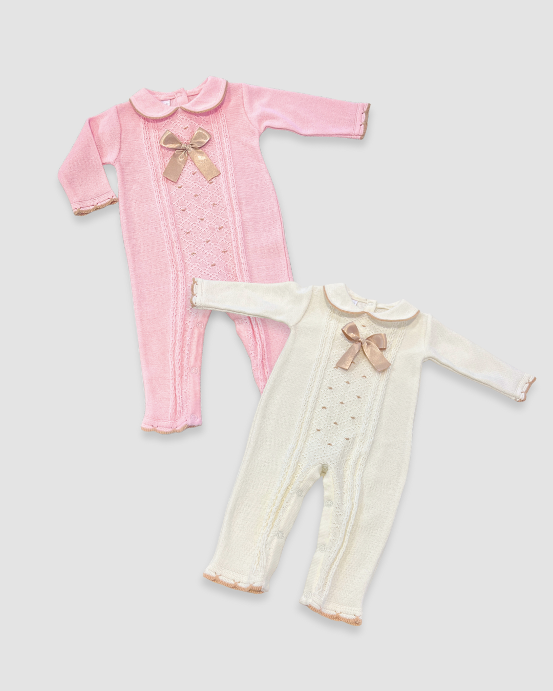 Knit Romper w Bow and Trim Detail