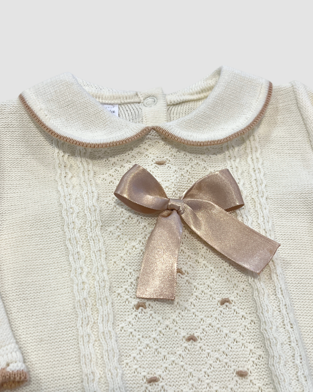 Knit Romper w Bow and Trim Detail