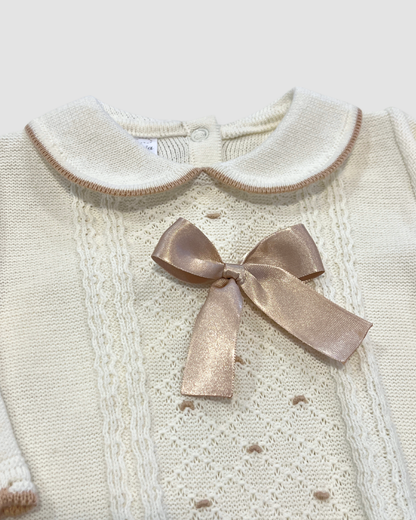 Knit Romper w Bow and Trim Detail