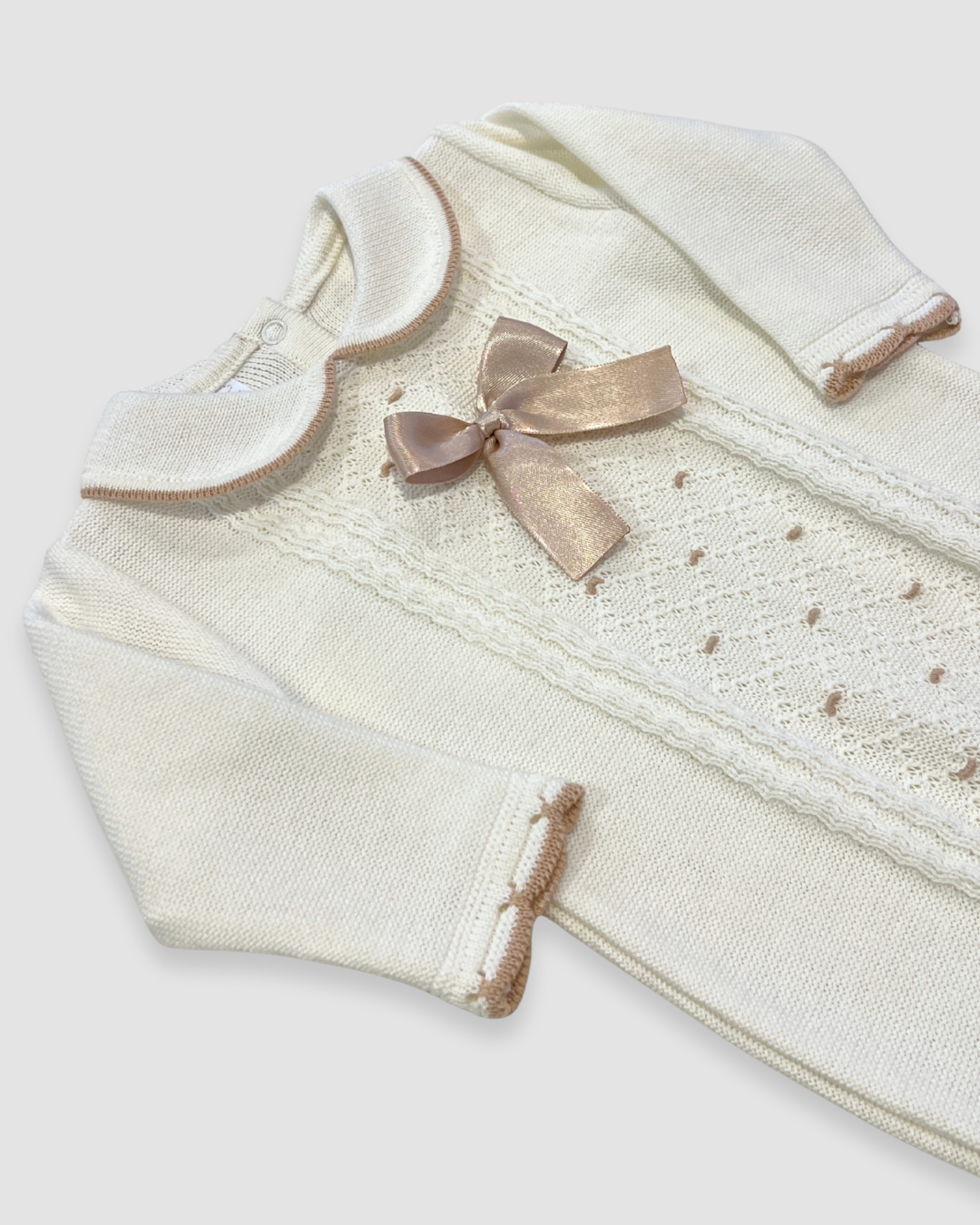 Knit Romper w Bow and Trim Detail