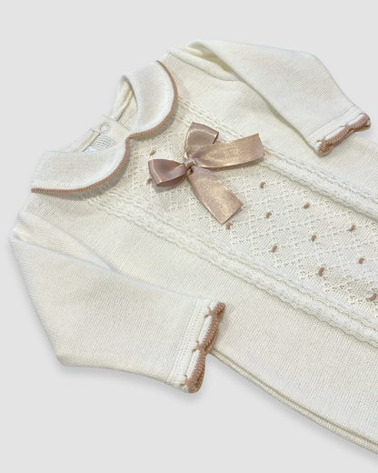 Knit Romper w Bow and Trim Detail