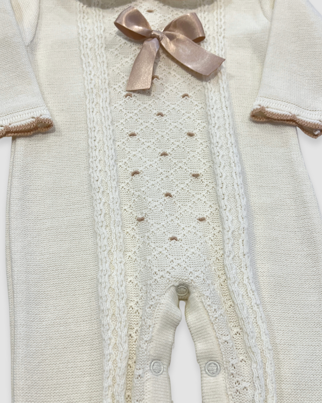 Knit Romper w Bow and Trim Detail