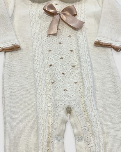 Knit Romper w Bow and Trim Detail