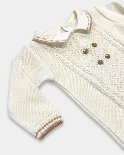 baby boy off white knit romper, cream romper with tan trim, boutique knit baby clothing, baby boy christening romper, newborn heirloom romper, neutral baby knit outfit, baby boy holiday outfit knit, boutique romper boy neutral, classic knit baby clothing, Expressions Boutique NY, Woodbury baby boutique, elegant baby boy romper