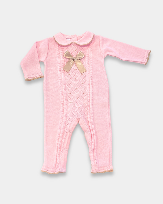 baby girl knit romper, pink knit romper with bow, boutique baby romper, lace front baby romper, baby girl special occasion outfit, knit romper newborn, boutique baby shower gift, elegant baby girl romper, toddler girl knit outfit, Expressions Boutique NY, Woodbury baby boutique, heirloom style baby romper