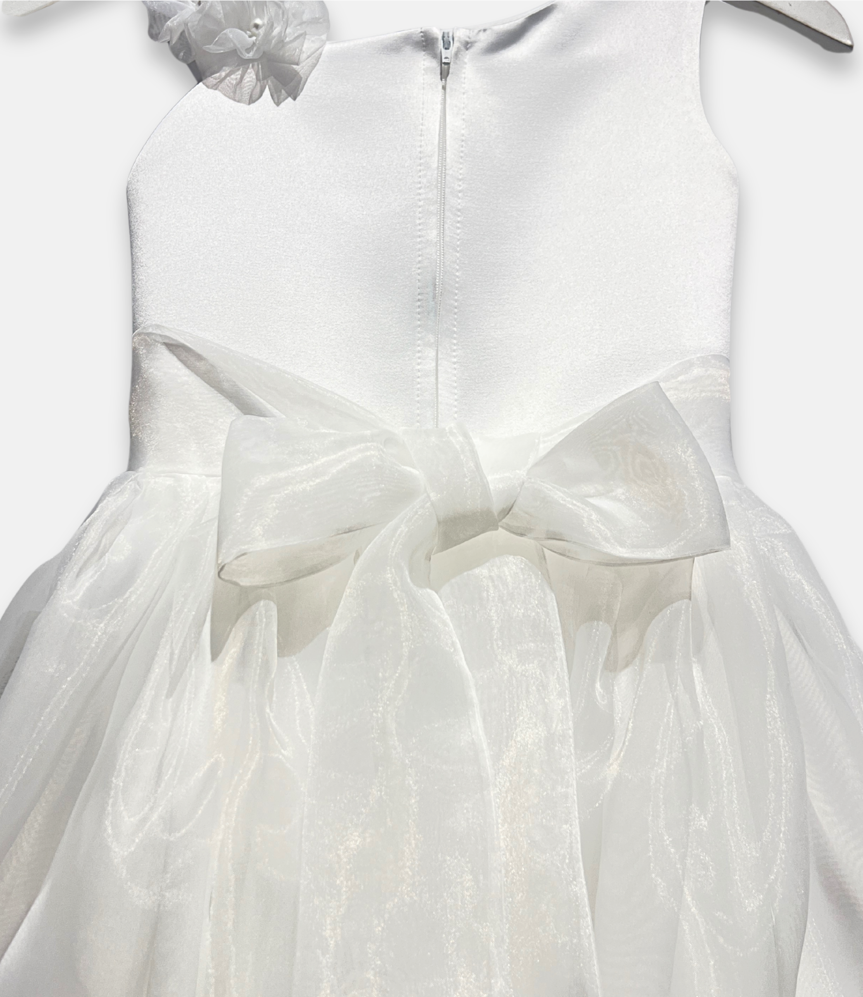 diamond white flower girl dress, one shoulder organza dress, boutique satin organza gown, white formal girls dress, couture communion dress, girls special occasion outfit, elegant white organza dress, Expressions Boutique NY, flower girl fashion, luxury children’s wear