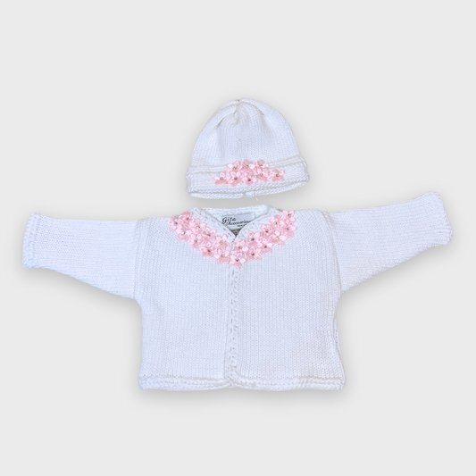 White cotton cardigan & hat with pink satin flowers