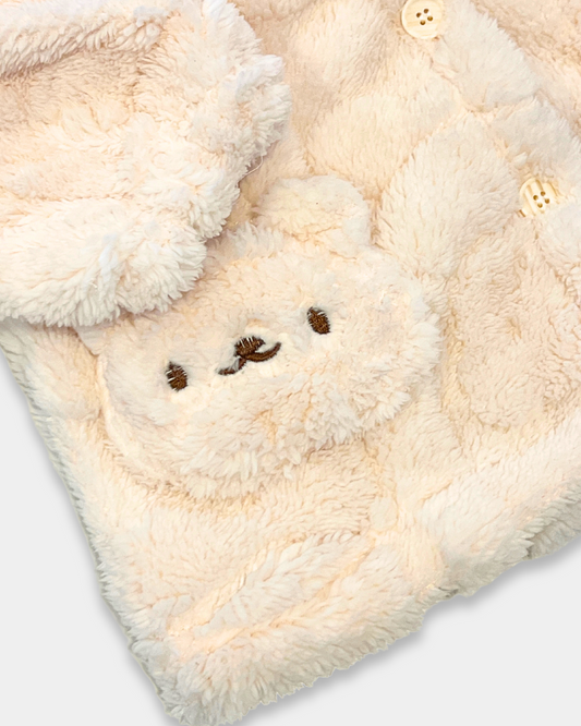 bear plush pant set, toddler teddy bear outfit, cozy fleece kids set, plush winter baby outfit, boutique toddler lounge set, baby bear face jacket, kids plush 2-piece set, warm toddler plush clothing, fleece baby boy girl set, cute toddler bear outfit