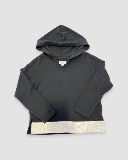 rhinestone trim hoodie Expressions Boutique NY, girls black hoodie with sparkle hem, casual glam hoodie top, boutique girls fashion winter hoodie, trendy sparkle sweatshirt kids
