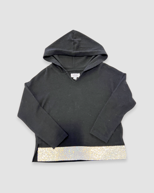 rhinestone trim hoodie Expressions Boutique NY, girls black hoodie with sparkle hem, casual glam hoodie top, boutique girls fashion winter hoodie, trendy sparkle sweatshirt kids