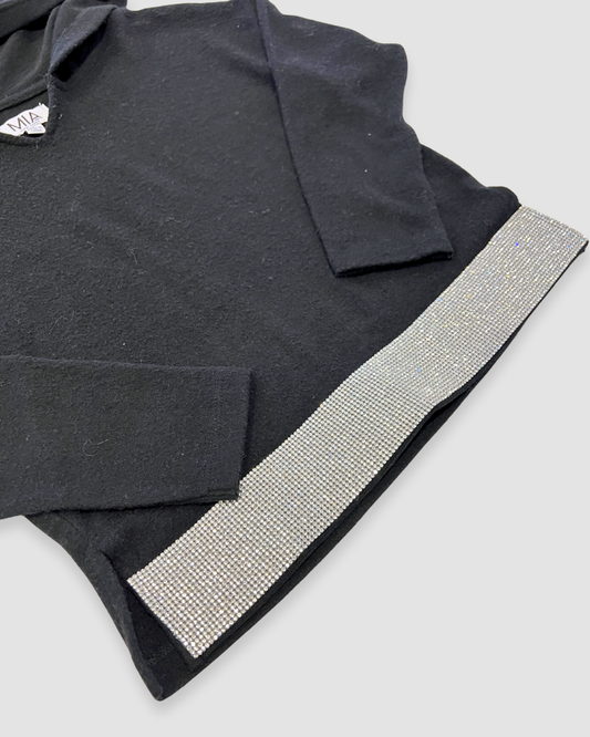 rhinestone trim hoodie Expressions Boutique NY, girls black hoodie with sparkle hem, casual glam hoodie top, boutique girls fashion winter hoodie, trendy sparkle sweatshirt kids