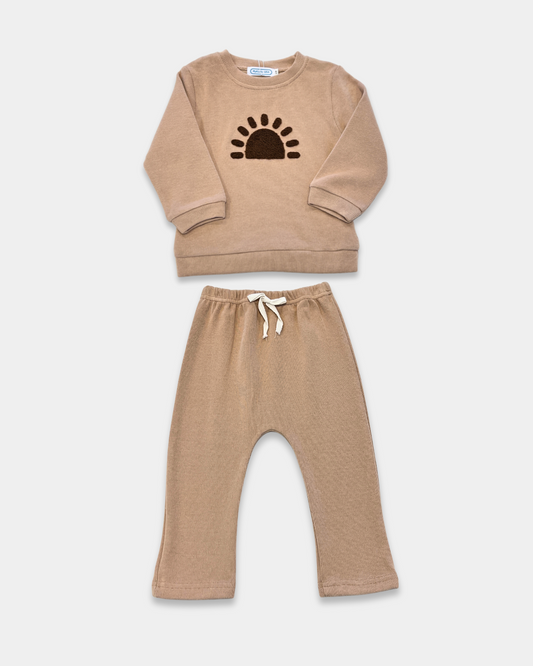 rainbow toddler pant set, beige baby outfit set, sunburst pullover jogger set, neutral kids clothing set, boutique toddler lounge set, unisex baby clothing outfit, cozy baby jogger set, toddler matching top and pants, kids beige rainbow sweatshirt, everyday toddler wear