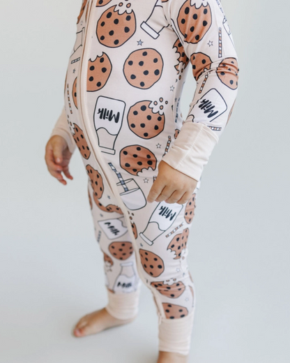 milk and cookies baby romper, bamboo zipper romper, cookie print infant pajamas, boutique baby sleepwear, soft bamboo baby romper, toddler bamboo romper, baby boy bamboo romper, baby girl bamboo romper, cookie themed baby outfit, neutral baby bamboo pajamas, newborn bamboo sleepwear, cozy infant bamboo clothing