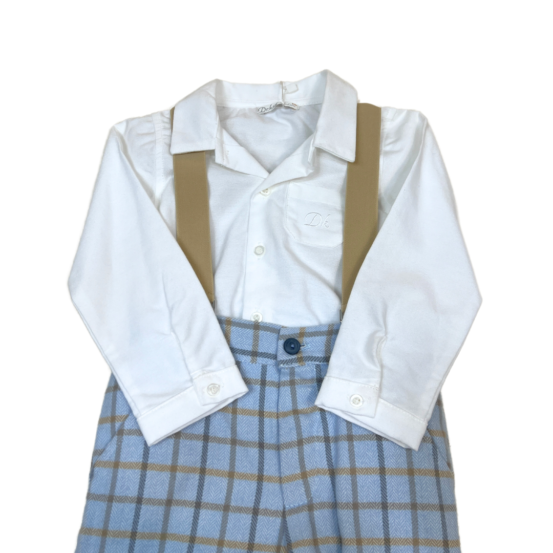 3pc Lt Blue Plaid Pant w Detachable Suspenders & Onesie Collared Top