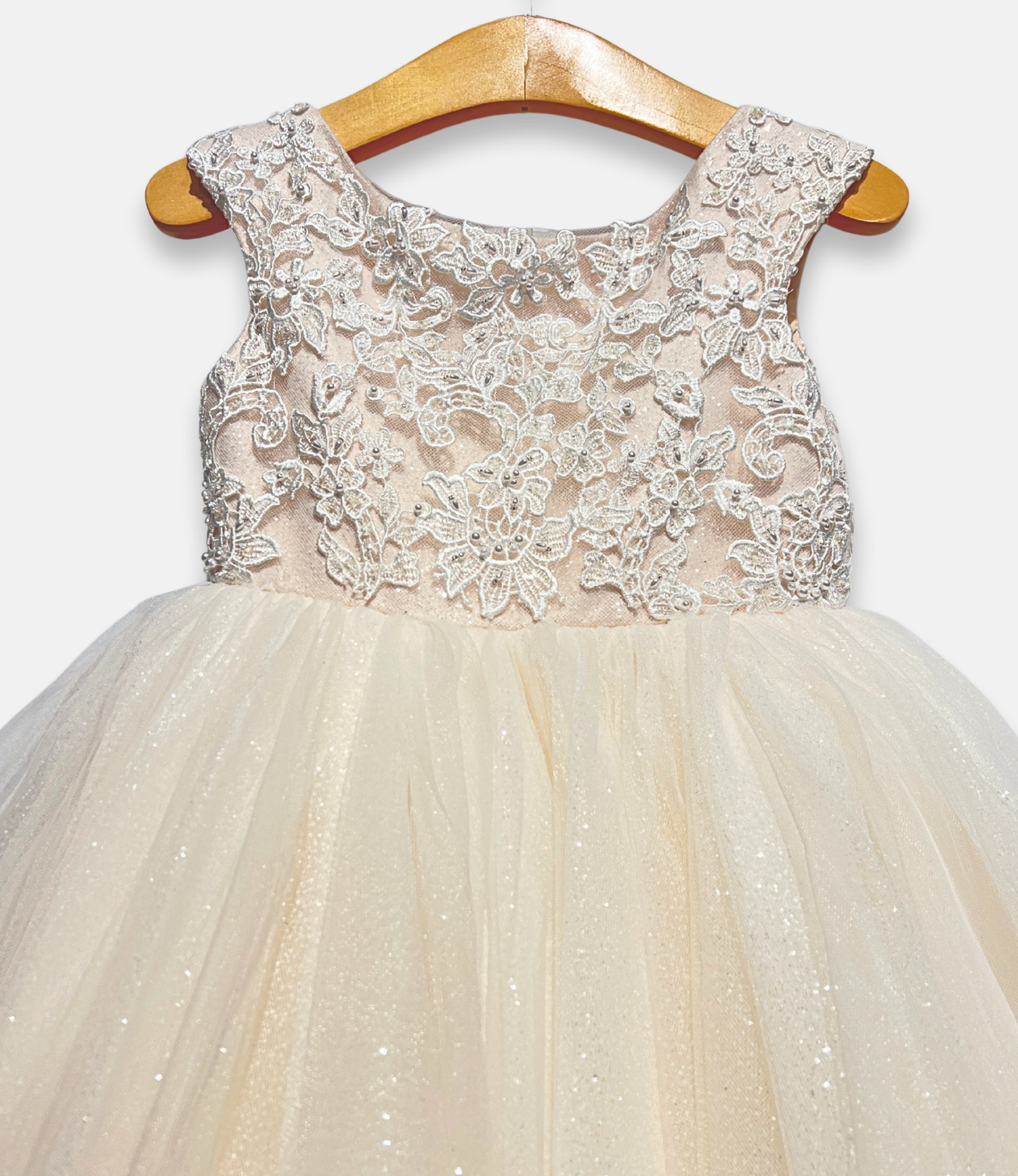 ivory petal dress, ivory tulle flower girl dress, boutique special occasion dress, ivory sequin lace dress, couture girls formal gown, glitter tulle occasion dress, ivory toddler dress, boutique girls party dress, Expressions Boutique NY, couture children’s fashion