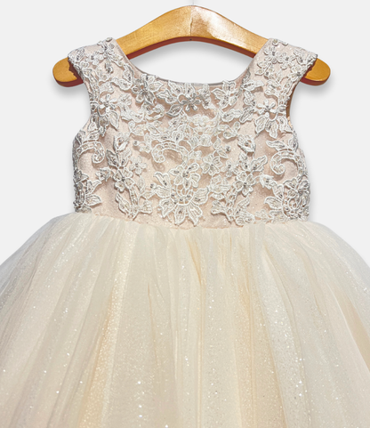ivory petal dress, ivory tulle flower girl dress, boutique special occasion dress, ivory sequin lace dress, couture girls formal gown, glitter tulle occasion dress, ivory toddler dress, boutique girls party dress, Expressions Boutique NY, couture children’s fashion