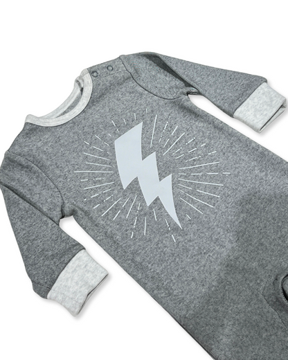 Grey Lightning Bolt Footie, Expressions Boutique, Women and childrens boutique, Woodbury, grey baby footie, baby boy lightning sleeper, boutique baby romper, infant footed one piece, soft cotton baby pajamas, newborn boy sleepsuit, snap closure baby outfit, modern baby boy footie, baby shower boy gift, lightning print baby romper