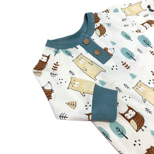 woodland baby romper, forest animal baby outfit, cream and green romper set, baby boy henley romper, infant woodland print sleeper, newborn forest theme outfit, baby romper with hat, cozy fall baby clothes, boutique baby boy gift set, cute animal print romper