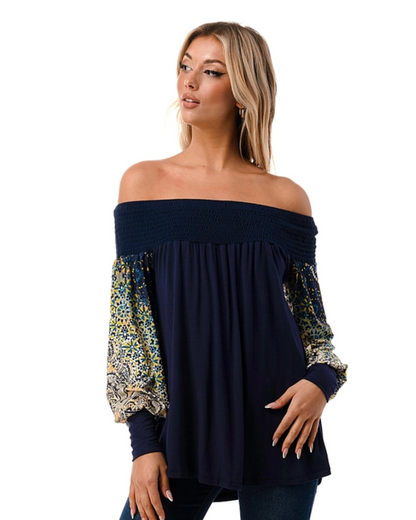 Navy/Multi Print Sleeve Off the Shoulder Top